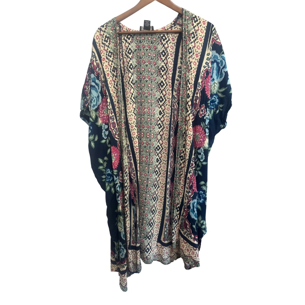 Angie Kimono Cardigan Womens Large Navy Blue Excellent Boho Floral Open Front
